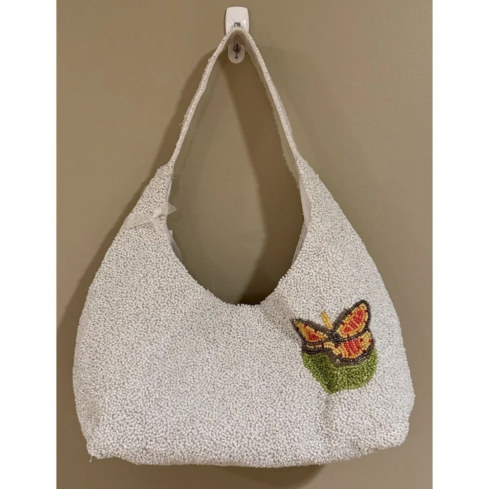 Handcrafted in India Flower Truck Butterfly Beaded Bag‎ White NWT